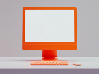 Fototapete - Bright modern orange desktop computer blank white screen mockup minimalist workspace office technology creative desk setup business branding copy space isolated desk plain background template mock up