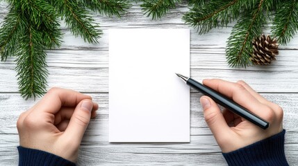 Canvas Print - A blank white greeting card is positioned on an old wooden table, embellished with pine branches and green Christmas ornaments, creating a festive, inviting atmosphere