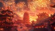 © Pure Imagination - Festive Celebration with Fireworks Over Ancient Chinese Architecture