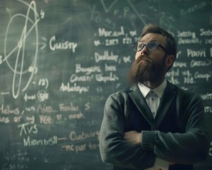 Poster - Curious Scientist Pondering Complex Equation on Chalkboard with Hint of Doubt