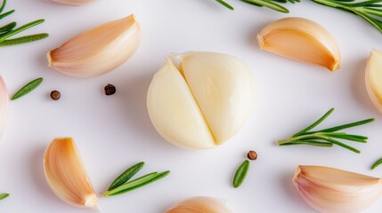 Wall Mural - Fresh garlic bulbs and herb sprigs for culinary and health concepts