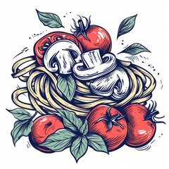 Noodles doodle set, spaghetti drawing, tomato, mushrooms and basil. Abstract freehand picture