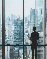 Poster - Businessperson Examining Market Trends in Modern Office Overlooking Bustling City