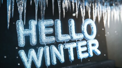 Wall Mural - Frosty 'Hello Winter' Message with Sparkling Icicles Backdrop