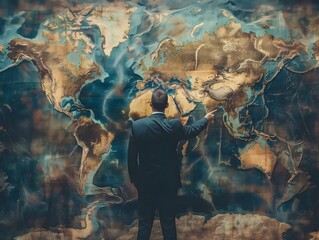 Poster - Businessman Pointing At World Map For Global Expansion Planning And Strategy Discussions