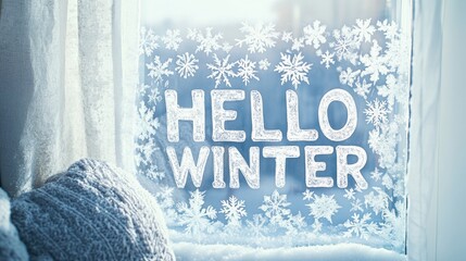 Wall Mural - Hello Winter: Frosty Window with Snowflakes and Cozy Knitted Textures