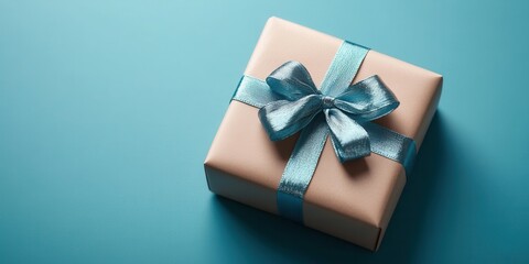 The gift box, wrapped in soft beige paper and tied with a striking blue ribbon, is placed against a vibrant teal backdrop. This arrangement highlights the simplicity and elegance of gift-giving moment