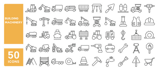 Set of 50 line icons related to building machinery, construction, vehicle, crane, excavator, bulldozer, tractor, cargo, loader, industrial, truck, Editable stroke. Vector illustration