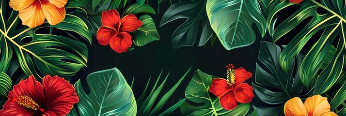 Sticker - A burst of tropical flora showcases large leaves and brilliant flowers, creating a vibrant atmosphere in a sunlit garden. Generative AI