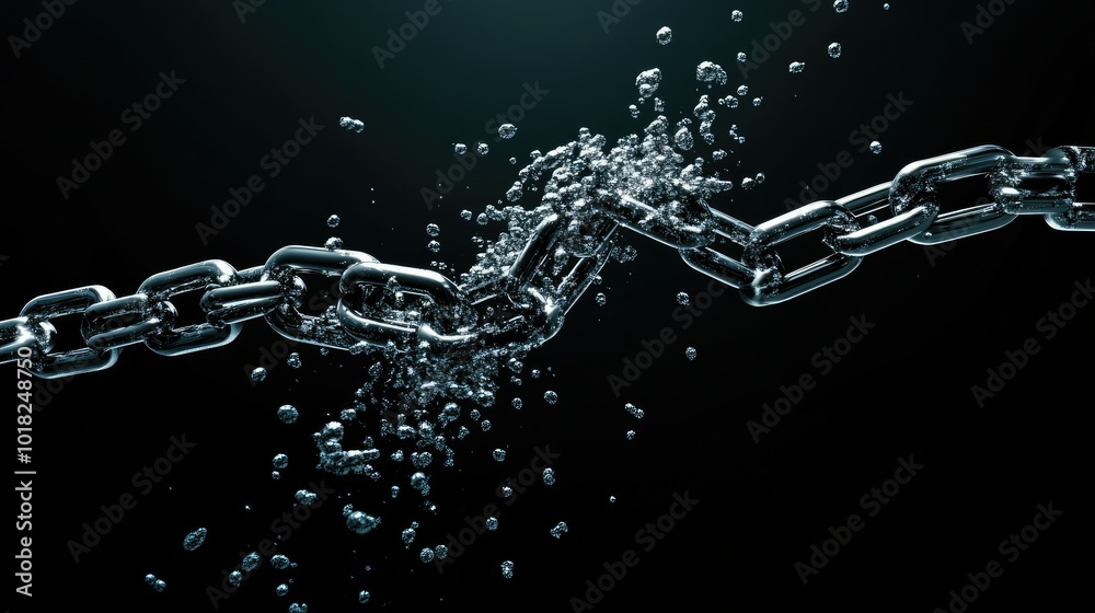 Chain breaking in half with floating binary code and digital particles ...
