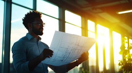 A person analyzing architectural blueprints in bright, sunlit office space.