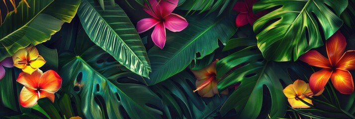 Aufkleber - Lush tropical leaves provide a vibrant backdrop for blooming flowers in shades of pink, orange, and yellow, creating a natural paradise. Generative AI