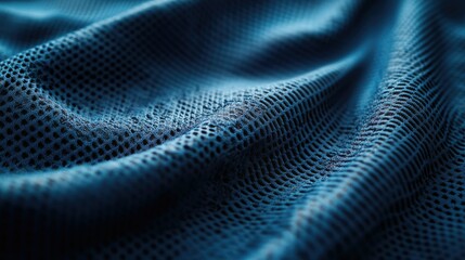 Close-up of a blue football jersey fabric with breathable texture, showing detailed stitching under soft lighting.