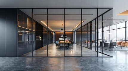 Wall Mural - Empty modern office interior with glass walls, black partitions, and elegant lighting fixtures. Concept of corporate workspace. 3D Rendering