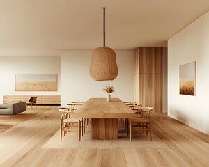 Modern open-plan dining room with 3D-rendered oak table set.