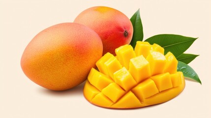 Wall Mural - Tropical ripe mango with diced slices and leaves on colorful background for culinary design