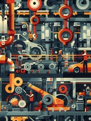 Aufkleber - Several workers operate machinery to manufacture car parts and components in a busy industrial environment. Generative AI