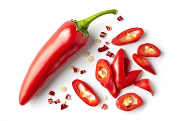 flat lay (top view) of two red chili peppers with sliced isolated on white background - generative a