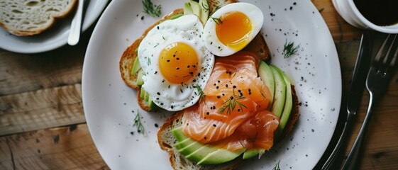 Exquisite breakfast of avocado toast with poached eggs and smoked salmon on a rustic wooden table, offering a gourmet delight.