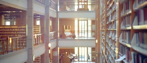 A spacious library with towering shelves is bathed in soft, warm light, inviting exploration and study.