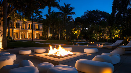 A cozy outdoor fire pit surrounded by modern white lounge chairs in a beautifully lit garden at dusk