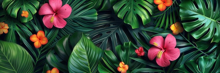 Aufkleber - A variety of large tropical leaves and bright flowers create a lush and vibrant atmosphere, showcasing nature's colorful beauty in a garden. Generative AI