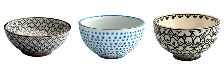 Decorative ceramic bowls isolated on transparent PNG background image perfect for kitchen-themed illustrations or product designs