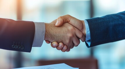 Close-up of two business partners shaking hands in a professional setting.