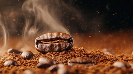 Coffee bean in motion with steam rising and ground coffee scattered, creating a dynamic and rich sensory experience