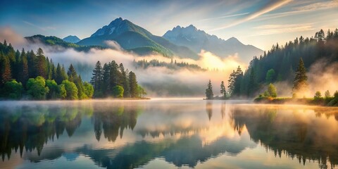 Wall Mural - Misty mountain landscape with forest and lake during morning reflection