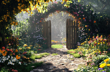 Wall Mural - A beautiful garden with an open wooden gate leading to the distance, surrounded by colorful flowers and vegetables