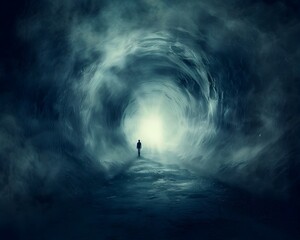 Wall Mural - Solitary Figure Journeying Through Mysterious Dark Tunnel Towards Glimmering Light at the End