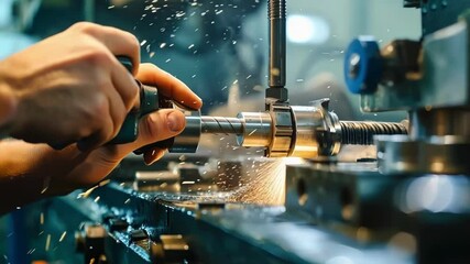 Poster - Metalworker carefully positioning a metal part into a lathe machine, showcasing precision and expertise in a manufacturing setting. Sparks fly as the machine shapes the metal with accuracy