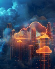 Sticker - Futuristic City Skyline with Translucent Glowing Cloud Like Buildings Representing the of Cloud Computing into Urban Life