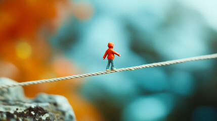 Tiny figure in a red jacket balances on a tightrope against a vibrant autumn backdrop. Symbolizing the concept of risk and naivety