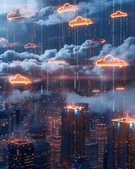 Poster - Futuristic Cityscape with Glowing Data Streams Connecting Smart Buildings in the Cloud