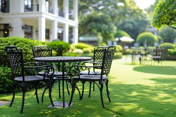 Stylish black outdoor dining table and chairs set on lush green lawn with a white building in the background, ideal for garden or restaurant use.