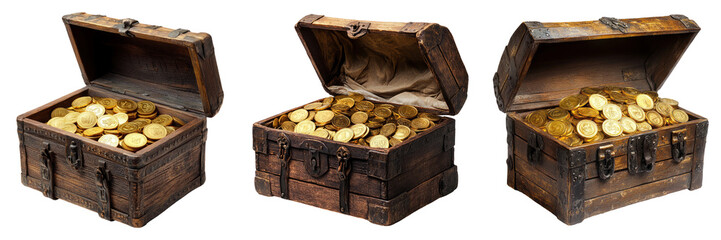 Treasure chest with gold coins isolated on transparent PNG background image perfect for pirate-themed illustrations or adventure designs
