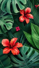 Sticker - Tropical foliage features large green leaves coupled with striking red and pink flowers, creating a lively and colorful garden atmosphere. Generative AI