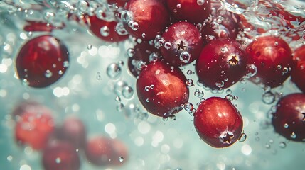 Poster - Vibrant Red Cranberries Floating in Clear Water with Festive Holiday Vibe