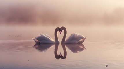 Canvas Print - Pair of Swans Forming a Heart Shape at Dusk on a Serene Lake