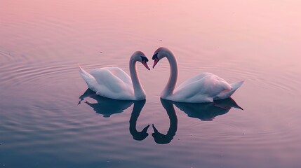 Canvas Print - Swans Forming a Heart Shape in a Tranquil Lake at Dusk