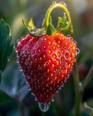 Sticker - Vibrant Red Strawberry with Dewdrops Glistening in Morning Sunlight