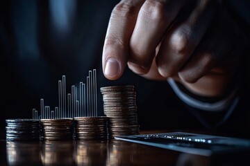 Hand managing coins with financial growth graph, dark background.