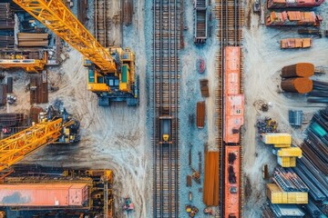 Aerial view of a construction site with cranes, railroad tracks, and materials.