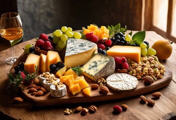 elegant luxurious cheese board diverse textures colors featuring various cheeses nuts fruits herbs arranged aesthetically visual appeal, appetizer