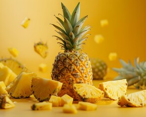 Sticker - Enticing Pineapple Still Life with Juicy Slices and Chunks on Yellow Background