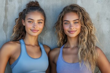 Healthy lifestyle on display: Two young women standing proud in sporty fitness clothes, Generative AI