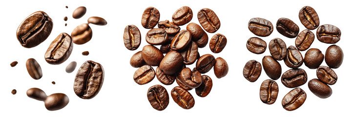 Roasted coffee beans isolated on transparent PNG background image perfect for food-themed illustrations or coffee designs