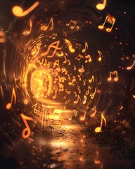 Sticker - Glowing Trail of Music Notes Guiding a Mystical Journey through a Dark Tunnel